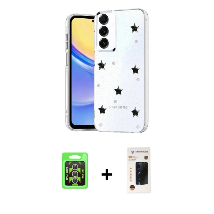 MARSİLYAN™- Galaxy A37 5G Kılıf Yörünge Form - Şeffaf 3D Antistatik Hayalet Cam Ekran Koruyucu + Raze Metal Kamera Lens - GS