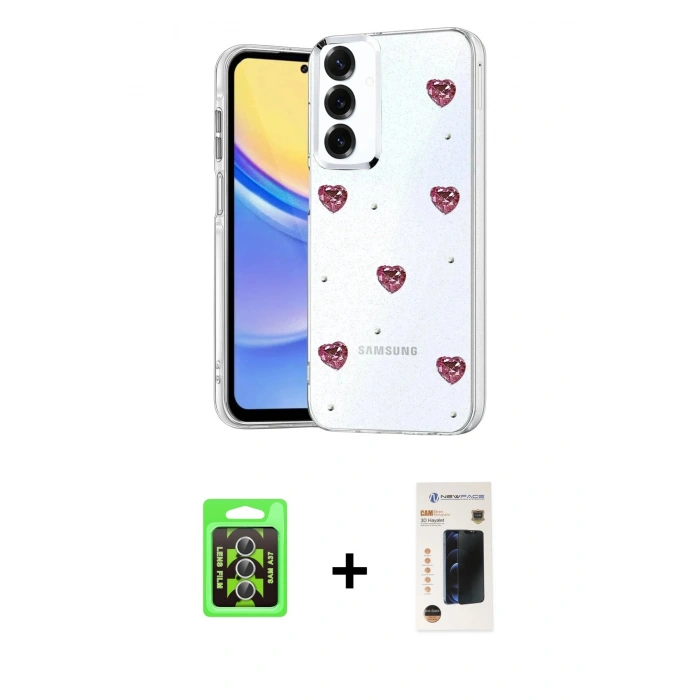 MARSİLYAN™- Galaxy A37 5G Kılıf Yörünge Form - Şeffaf 3D Antistatik Hayalet Cam Ekran Koruyucu + Raze Metal Kamera Lens - GS