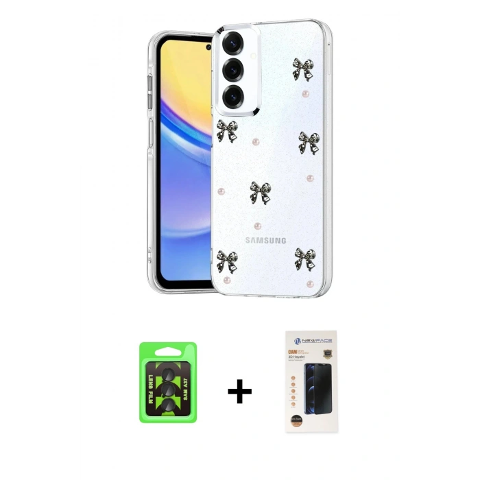 MARSİLYAN™- Galaxy A37 5G Kılıf Yörünge Form - Şeffaf 3D Antistatik Hayalet Cam Ekran Koruyucu + Raze Metal Kamera Lens - SH