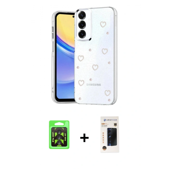 MARSİLYAN™- Galaxy A37 5G Kılıf Yörünge Form - Şeffaf 3D Antistatik Hayalet Cam Ekran Koruyucu + Raze Metal Kamera Lens - SH