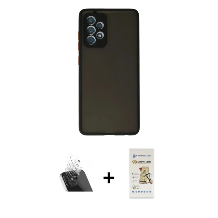 MARSİLYAN™- Galaxy A52 Kılıf Ahenk Çizgi Serisi - Siyah Mat Seramik Nano Ekran Koruyucu + Kamera Lens Koruma Cam - SF