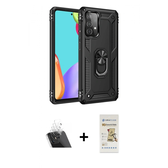 MARSİLYAN™- Galaxy A52 Kılıf Ahenk Klasik Koleksiyonu - Siyah Mat Seramik Nano Ekran Koruyucu + Kamera Lens Koruma Cam - SF