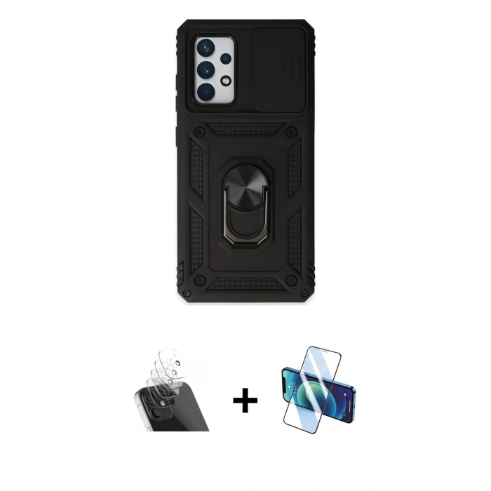 MARSİLYAN™- Galaxy A52 Kılıf Ahenk Klasik - Siyah 3D Antistatik Seramik Nano Ekran Koruyucu + Kamera Lens Koruma Cam - SF