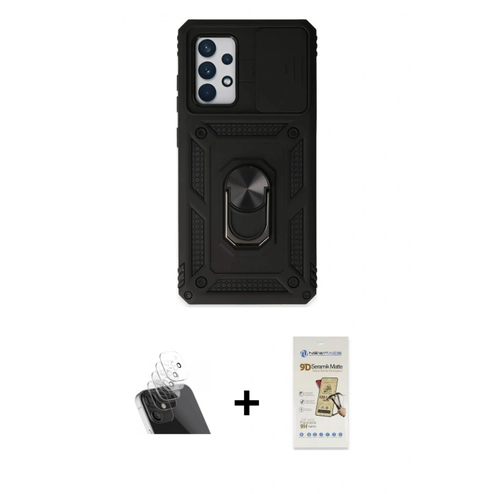 MARSİLYAN™- Galaxy A52 Kılıf Ahenk Klasik - Siyah Mat Seramik Nano Ekran Koruyucu + Kamera Lens Koruma Cam - SF