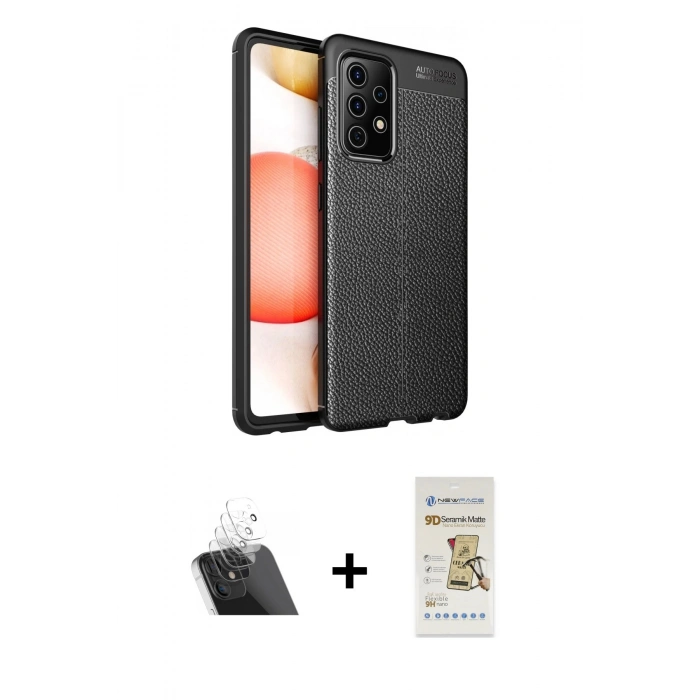 MARSİLYAN™- Galaxy A52 Kılıf Doruk Klasik Özel Seri - Siyah Mat Seramik Nano Ekran Koruyucu + Kamera Lens Koruma Cam - SF