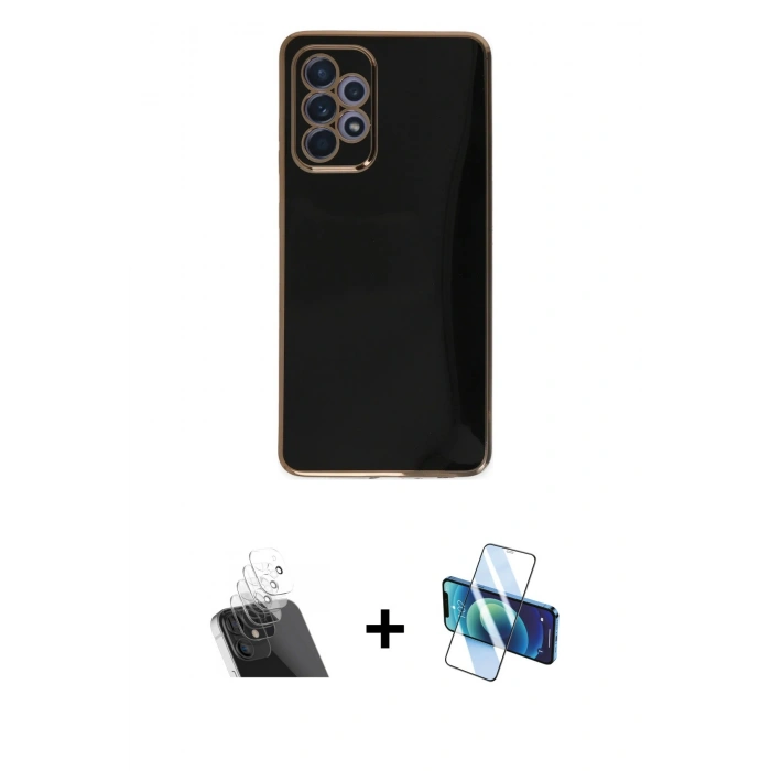 MARSİLYAN™- Galaxy A52 Kılıf Yankı Serisi - Siyah 3D Antistatik Cam Ekran Koruyucu + Kamera Lens Koruma Cam - SF