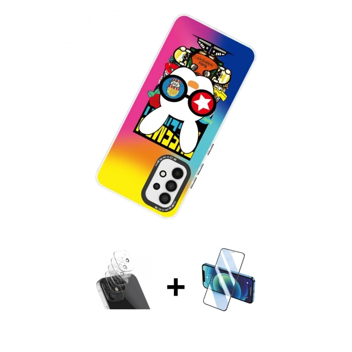 MARSİLYAN™- Galaxy A53 5G Kılıf Siluet Çizgi Koleksiyonu - Siyah 3D Antistatik Cam Ekran Koruyucu + Kamera Lens Koruma Cam - SF