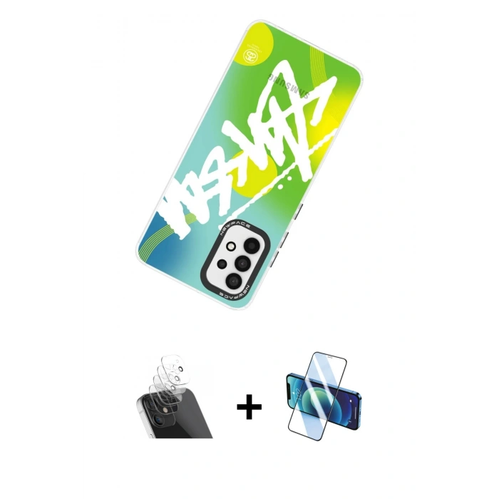 MARSİLYAN™- Galaxy A53 5G Kılıf Siluet Çizgi Koleksiyonu - Siyah 3D Antistatik Cam Ekran Koruyucu + Kamera Lens Koruma Cam - SF