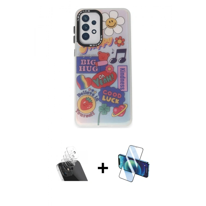 MARSİLYAN™- Galaxy A53 5G Kılıf Siluet Çizgi Koleksiyonu - Siyah 3D Antistatik Cam Ekran Koruyucu + Kamera Lens Koruma Cam - SF