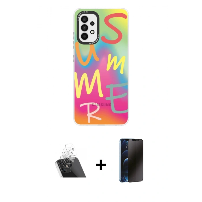 MARSİLYAN™- Galaxy A53 5G Kılıf Siluet Çizgi Koleksiyonu - Siyah 3D Antistatik Hayalet Cam Ekran Koruyucu + Kamera Lens Koruma Cam - SF