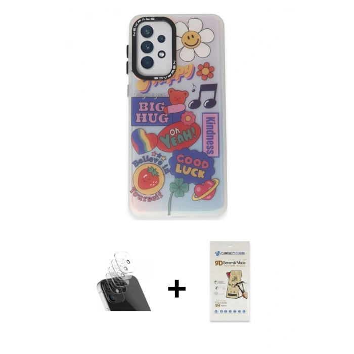 MARSİLYAN™- Galaxy A53 5G Kılıf Siluet Çizgi Koleksiyonu - Siyah Mat Seramik Nano Ekran Koruyucu + Kamera Lens Koruma Cam - SF