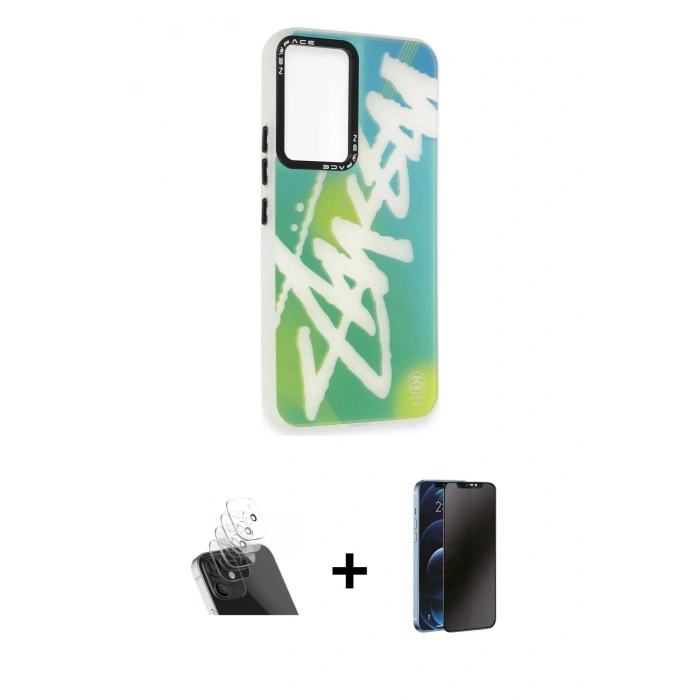 MARSİLYAN™- Galaxy A54 5G Kılıf Siluet Çizgi Koleksiyonu - Siyah 3D Antistatik Hayalet Cam Ekran Koruyucu + Kamera Lens Koruma Cam - SF