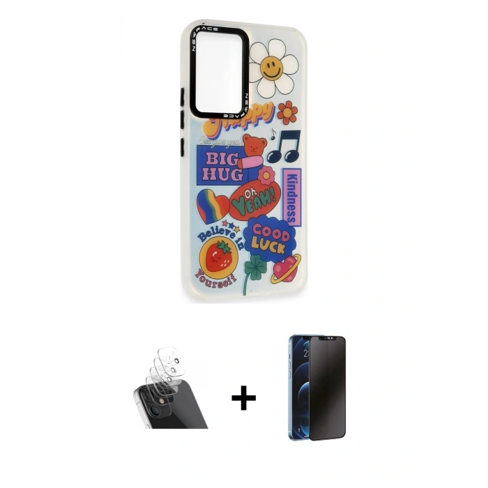 MARSİLYAN™- Galaxy A54 5G Kılıf Siluet Çizgi Koleksiyonu - Siyah 3D Antistatik Hayalet Cam Ekran Koruyucu + Kamera Lens Koruma Cam - SF