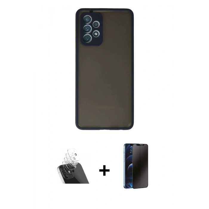 MARSİLYAN™- Galaxy A72 Kılıf Ahenk Çizgi Serisi - Siyah 3D Antistatik Hayalet Cam Ekran Koruyucu + Kamera Lens Koruma Cam - SF
