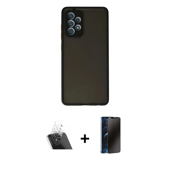 MARSİLYAN™- Galaxy A72 Kılıf Ahenk Çizgi Serisi - Siyah 3D Antistatik Hayalet Cam Ekran Koruyucu + Kamera Lens Koruma Cam - SF
