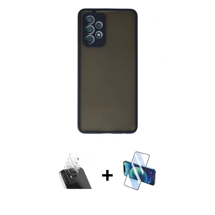 MARSİLYAN™- Galaxy A72 Kılıf Ahenk Çizgi Serisi - Siyah 3D Antistatik Seramik Nano Ekran Koruyucu + Kamera Lens Koruma Cam - SF
