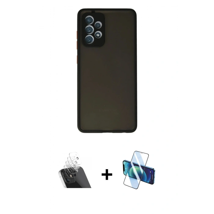 MARSİLYAN™- Galaxy A72 Kılıf Ahenk Çizgi Serisi - Siyah 3D Antistatik Seramik Nano Ekran Koruyucu + Kamera Lens Koruma Cam - SF