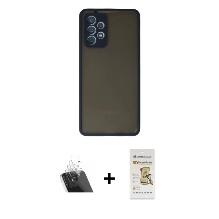 MARSİLYAN™- Galaxy A72 Kılıf Ahenk Çizgi Serisi - Siyah Mat Seramik Nano Ekran Koruyucu + Kamera Lens Koruma Cam - SF