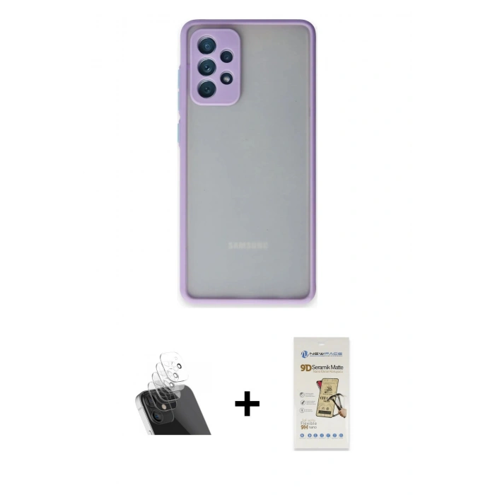 MARSİLYAN™- Galaxy A72 Kılıf Ahenk Çizgi Serisi - Siyah Mat Seramik Nano Ekran Koruyucu + Kamera Lens Koruma Cam - SF