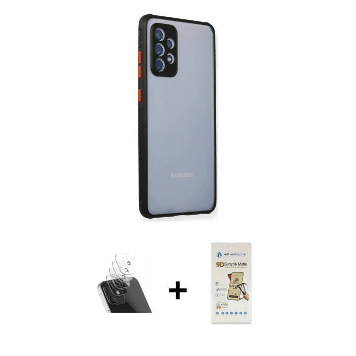 MARSİLYAN™- Galaxy A72 Kılıf Nova Asil Özel Seri - Siyah Mat Seramik Nano Ekran Koruyucu + Kamera Lens Koruma Cam - SF
