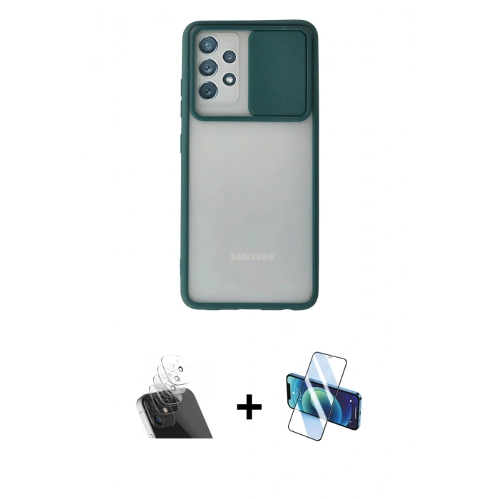 MARSİLYAN™- Galaxy A72 Kılıf Vadi Çizgi - Siyah 3D Antistatik Cam Ekran Koruyucu + Kamera Lens Koruma Cam - SF
