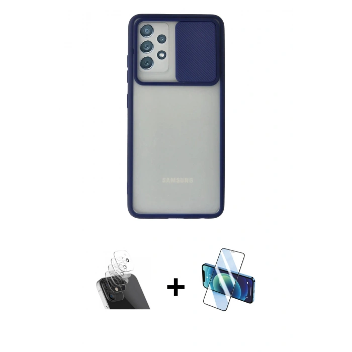 MARSİLYAN™- Galaxy A72 Kılıf Vadi Çizgi - Siyah 3D Antistatik Cam Ekran Koruyucu + Kamera Lens Koruma Cam - SF