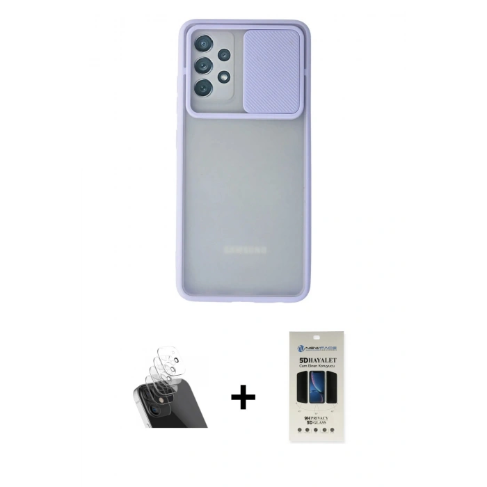 MARSİLYAN™- Galaxy A72 Kılıf Vadi Çizgi - Siyah 5D Hayalet Cam Ekran Koruyucu + Kamera Lens Koruma Cam - SF