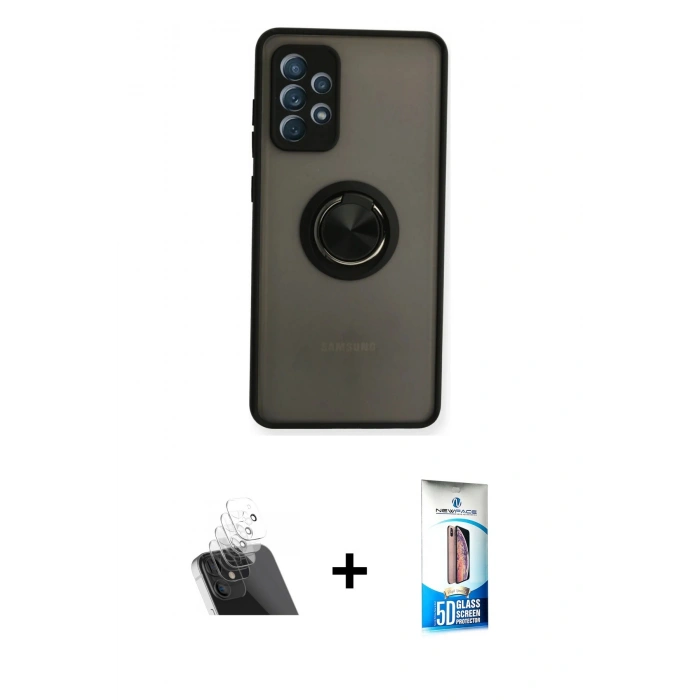 MARSİLYAN™- Galaxy A72 Kılıf Yörünge Çizgi - Siyah 5D Eko Cam Ekran Koruyucu + Kamera Lens Koruma Cam - SF