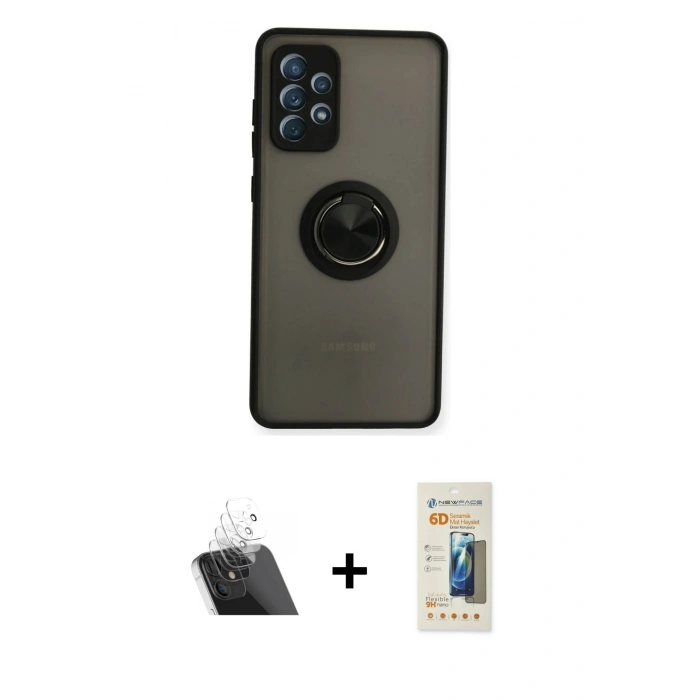 MARSİLYAN™- Galaxy A72 Kılıf Yörünge Çizgi - Siyah 6D Mat Seramik Hayalet Nano Ekran Koruyucu + Kamera Lens Koruma Cam - SF