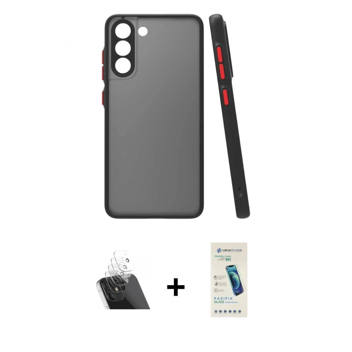 MARSİLYAN™- Galaxy S21 FE Kılıf Ahenk Çizgi Serisi - Şeffaf Pasifik Cam Ekran Koruyucu + Kamera Lens Koruma Cam - SF