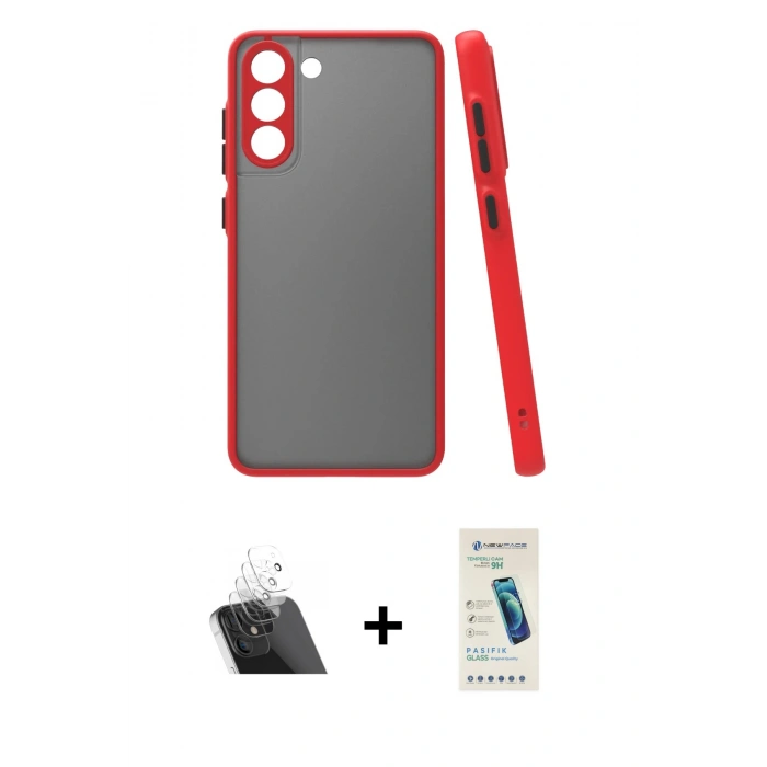 MARSİLYAN™- Galaxy S21 FE Kılıf Ahenk Çizgi Serisi - Şeffaf Pasifik Cam Ekran Koruyucu + Kamera Lens Koruma Cam - SF