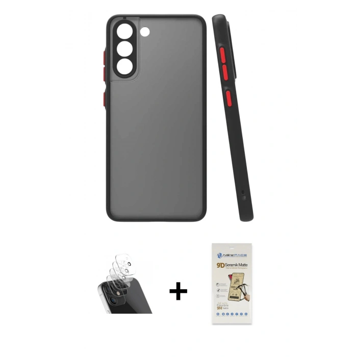 MARSİLYAN™- Galaxy S21 FE Kılıf Ahenk Çizgi Serisi - Siyah Mat Seramik Nano Ekran Koruyucu + Kamera Lens Koruma Cam - SF