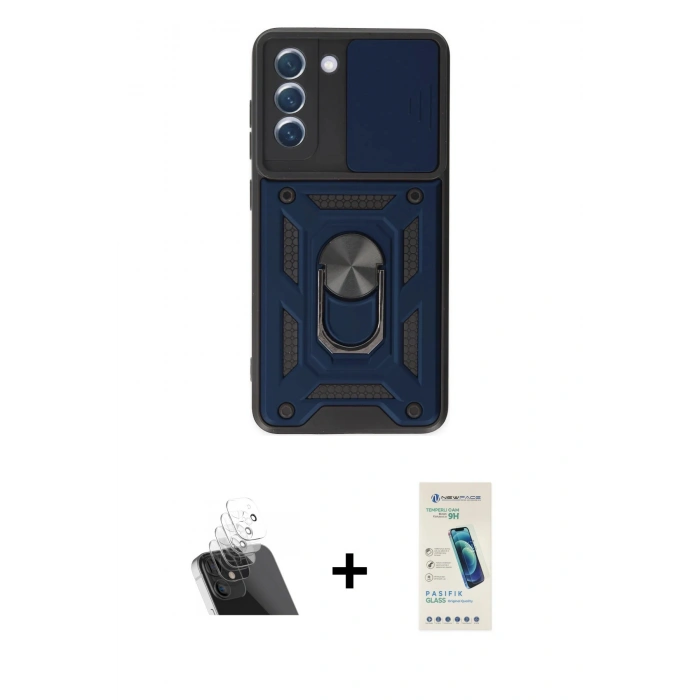 MARSİLYAN™- Galaxy S21 FE Kılıf Ahenk Klasik - Şeffaf Pasifik Cam Ekran Koruyucu + Şeffaf Kamera Lens Koruma Cam