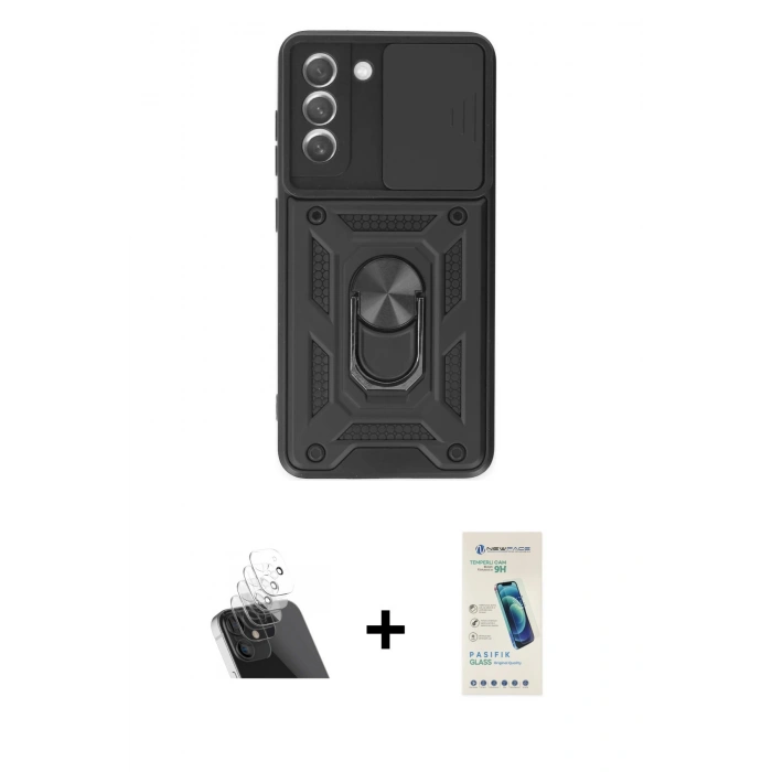 MARSİLYAN™- Galaxy S21 FE Kılıf Ahenk Klasik - Şeffaf Pasifik Cam Ekran Koruyucu + Şeffaf Kamera Lens Koruma Cam