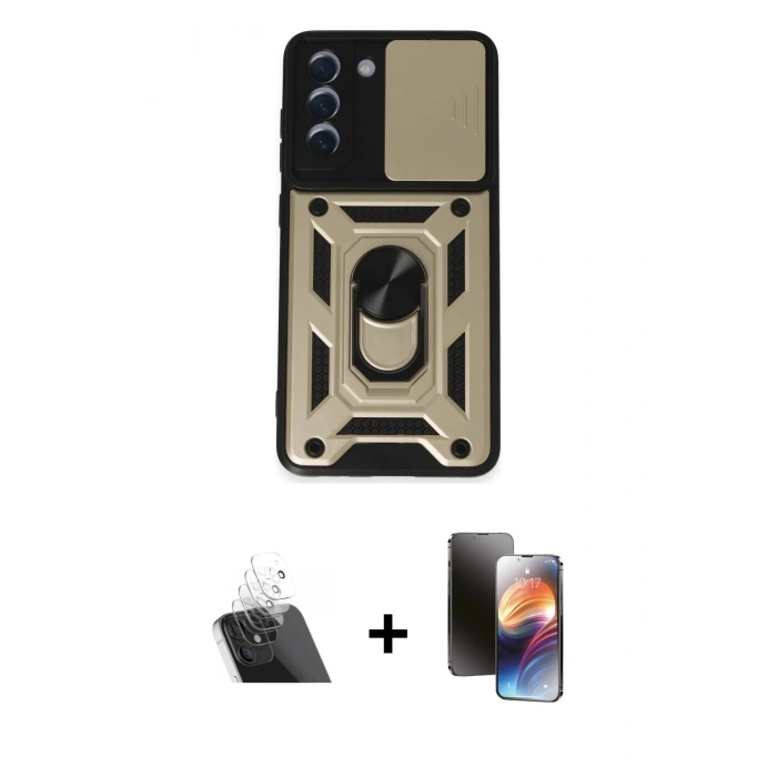 MARSİLYAN™- Galaxy S21 FE Kılıf Ahenk Klasik - Siyah 3D Antistatik Mat Seramik Nano Ekran Koruyucu + Kamera Lens Koruma Cam - SF