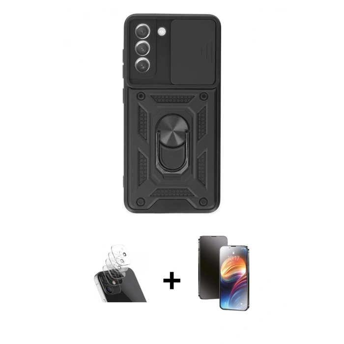 MARSİLYAN™- Galaxy S21 FE Kılıf Ahenk Klasik - Siyah 3D Antistatik Mat Seramik Nano Ekran Koruyucu + Kamera Lens Koruma Cam - SF