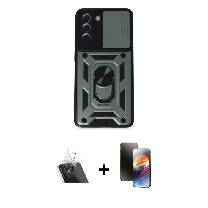 MARSİLYAN™- Galaxy S21 FE Kılıf Ahenk Klasik - Siyah 3D Antistatik Mat Seramik Nano Ekran Koruyucu + Kamera Lens Koruma Cam - SF