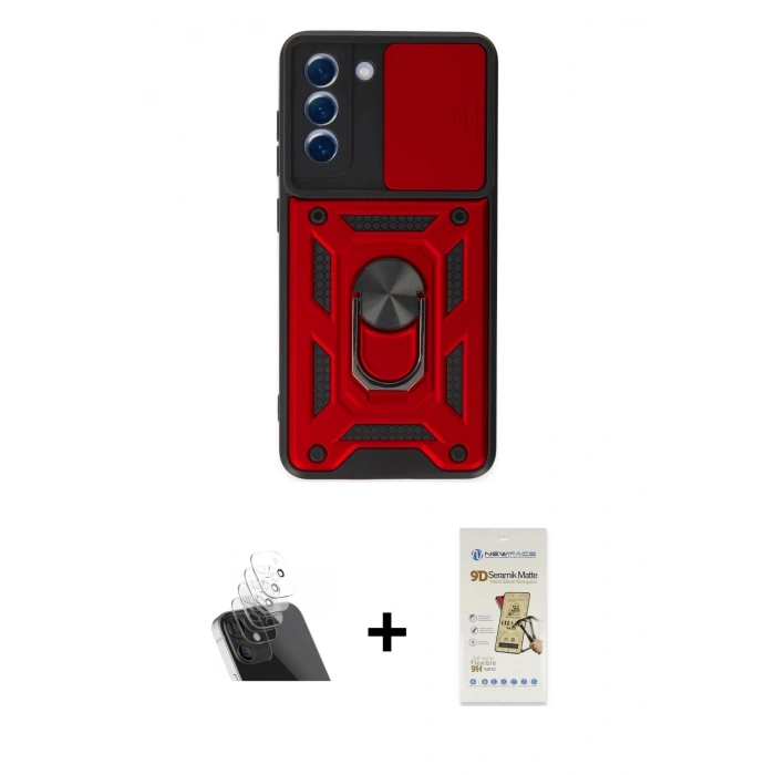 MARSİLYAN™- Galaxy S21 FE Kılıf Ahenk Klasik - Siyah Mat Seramik Nano Ekran Koruyucu + Kamera Lens Koruma Cam - SF