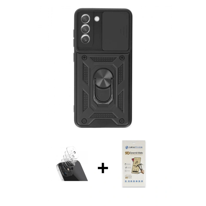MARSİLYAN™- Galaxy S21 FE Kılıf Ahenk Klasik - Siyah Mat Seramik Nano Ekran Koruyucu + Kamera Lens Koruma Cam - SF