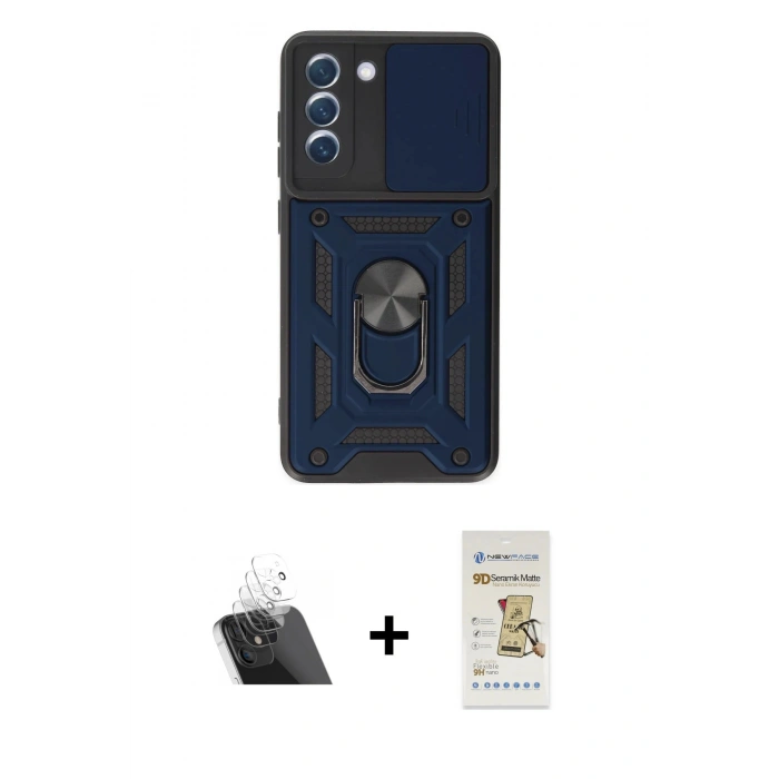 MARSİLYAN™- Galaxy S21 FE Kılıf Ahenk Klasik - Siyah Mat Seramik Nano Ekran Koruyucu + Kamera Lens Koruma Cam - SF