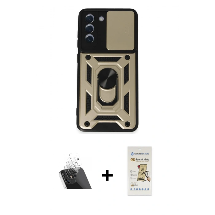 MARSİLYAN™- Galaxy S21 FE Kılıf Ahenk Klasik - Siyah Mat Seramik Nano Ekran Koruyucu + Kamera Lens Koruma Cam - SF