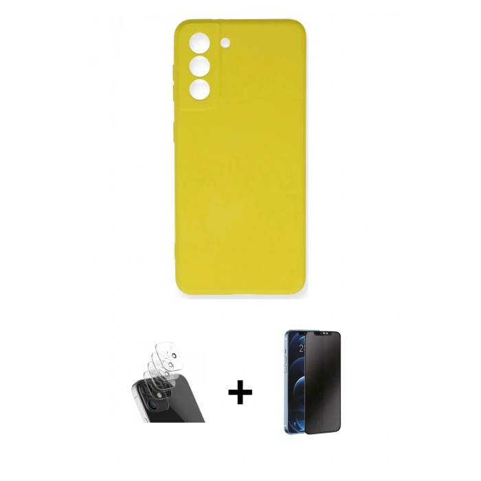 MARSİLYAN™- Galaxy S21 FE Kılıf Ahenk Serisi - Siyah 3D Antistatik Hayalet Cam Ekran Koruyucu + Kamera Lens Koruma Cam - SF