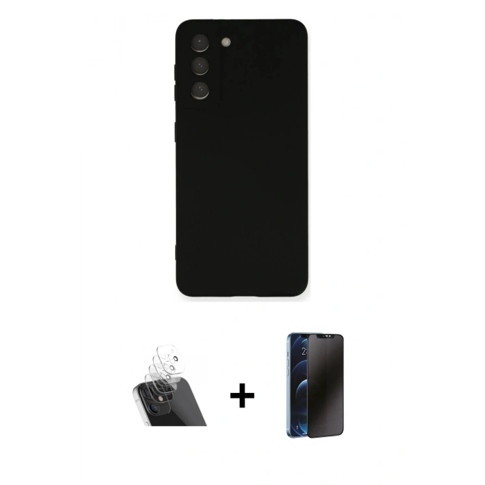 MARSİLYAN™- Galaxy S21 FE Kılıf Ahenk Serisi - Siyah 3D Antistatik Hayalet Cam Ekran Koruyucu + Kamera Lens Koruma Cam - SF