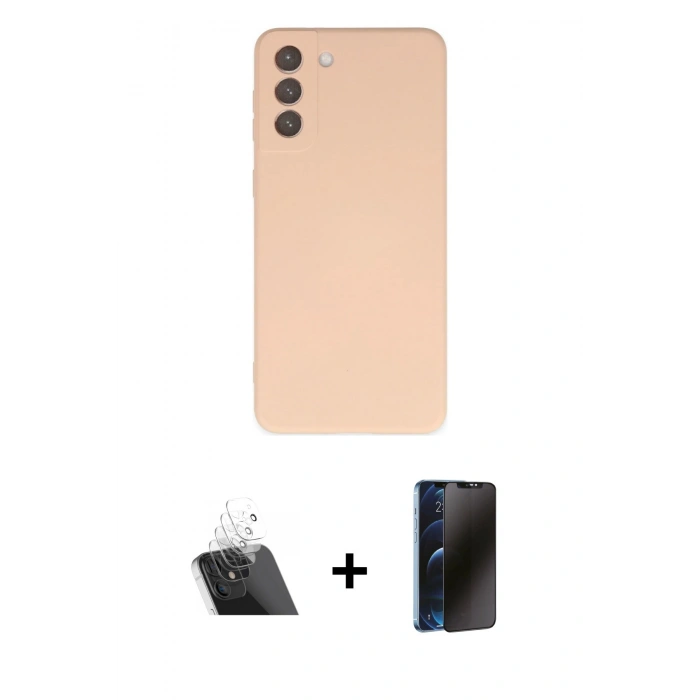 MARSİLYAN™- Galaxy S21 FE Kılıf Ahenk Serisi - Siyah 3D Antistatik Hayalet Cam Ekran Koruyucu + Kamera Lens Koruma Cam - SF
