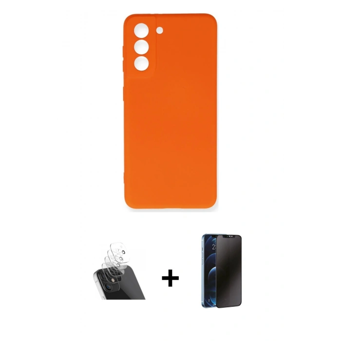 MARSİLYAN™- Galaxy S21 FE Kılıf Ahenk Serisi - Siyah 3D Antistatik Hayalet Cam Ekran Koruyucu + Kamera Lens Koruma Cam - SF