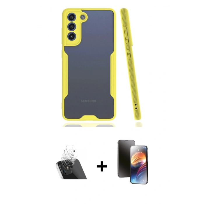 MARSİLYAN™- Galaxy S21 FE Kılıf Atlas Asil Serisi - Siyah 3D Antistatik Mat Seramik Nano Ekran Koruyucu + Kamera Lens Koruma Cam - SF