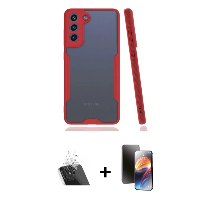 MARSİLYAN™- Galaxy S21 FE Kılıf Atlas Asil Serisi - Siyah 3D Antistatik Mat Seramik Nano Ekran Koruyucu + Kamera Lens Koruma Cam - SF