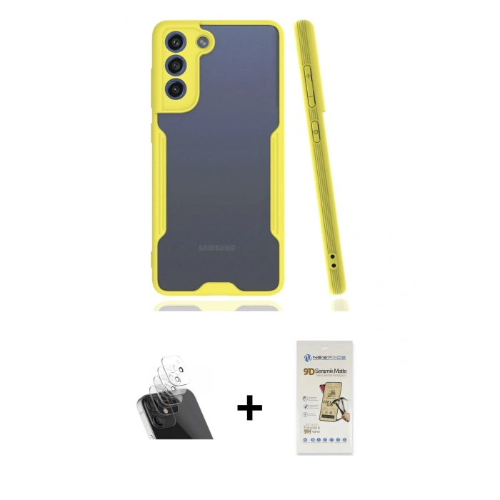 MARSİLYAN™- Galaxy S21 FE Kılıf Atlas Asil Serisi - Siyah Mat Seramik Nano Ekran Koruyucu + Kamera Lens Koruma Cam - SF