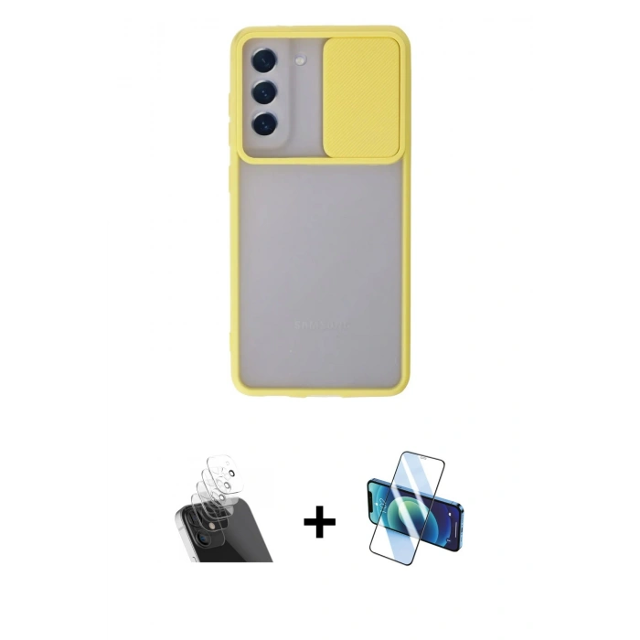 MARSİLYAN™- Galaxy S21 FE Kılıf Vadi Çizgi - Siyah 3D Antistatik Cam Ekran Koruyucu + Kamera Lens Koruma Cam - SF