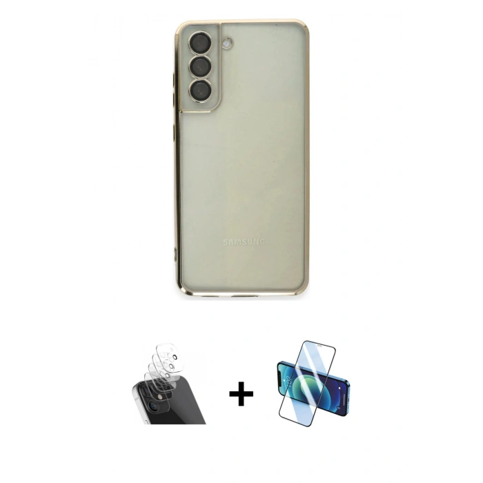 MARSİLYAN™- Galaxy S21 FE Kılıf Vadi Minimal - Siyah 3D Antistatik Cam Ekran Koruyucu + Kamera Lens Koruma Cam - SF